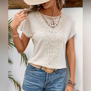 Lace Splicing Crew Neck T-shirt, Casual Short Sleeve Top